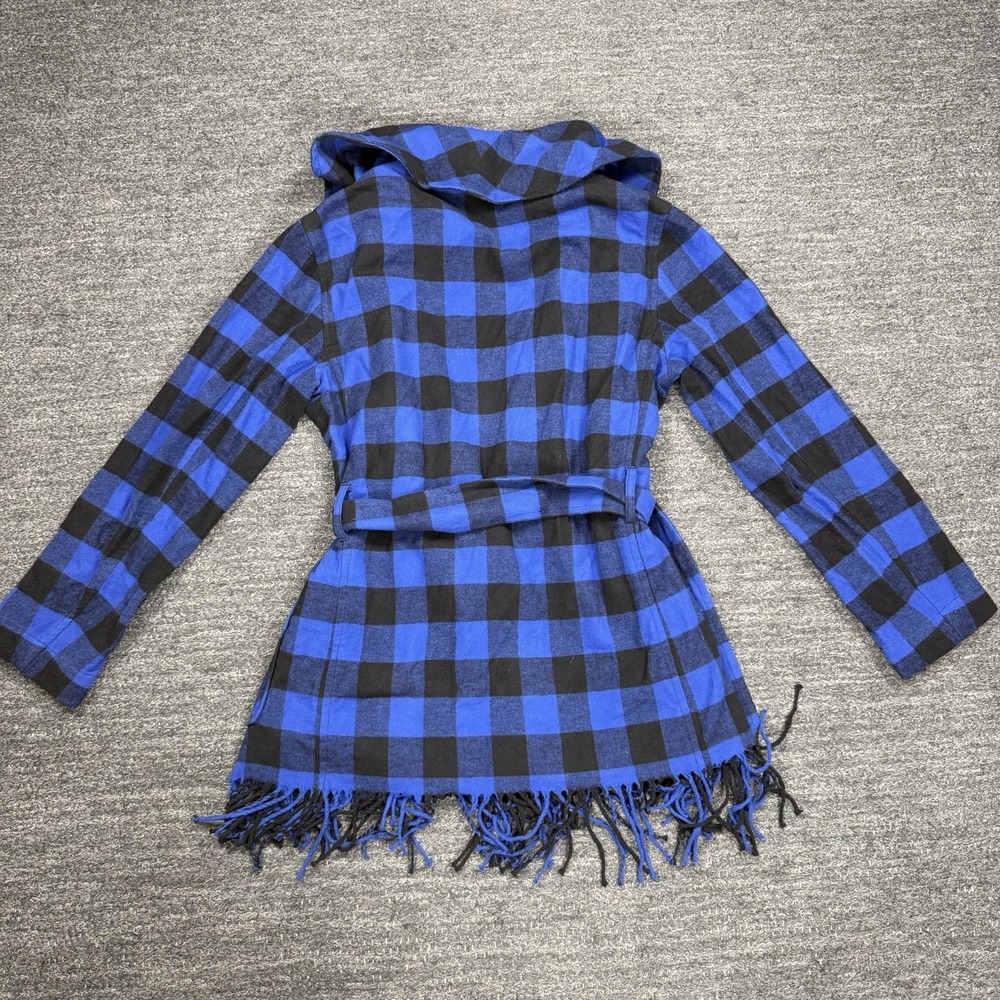 Polo Ralph Lauren Jacket Women Small Blue Buffalo Plaid Fringe Belt Coat flannel - Picture 3 of 14